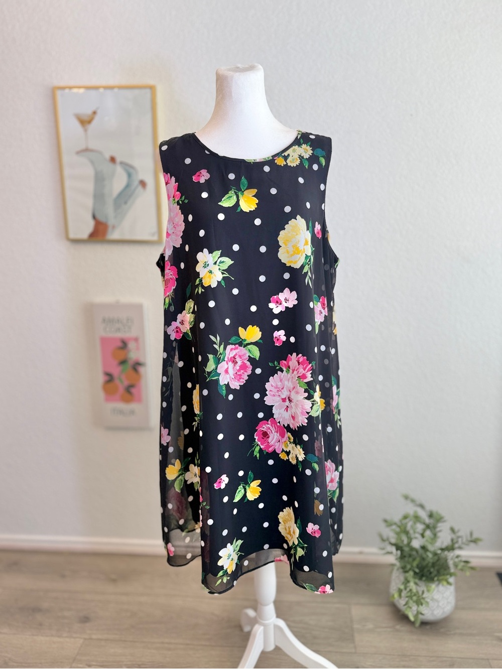 Jessica Howard Sleeveless Floral Polka Dot Swing Midi Dress Size 18 EUC!